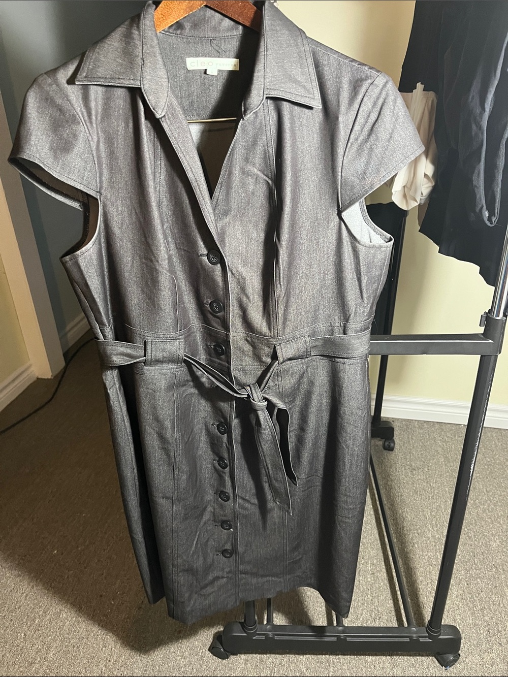 cleo Charcoal Gray Button-Front Midi Dress with Tie Belt